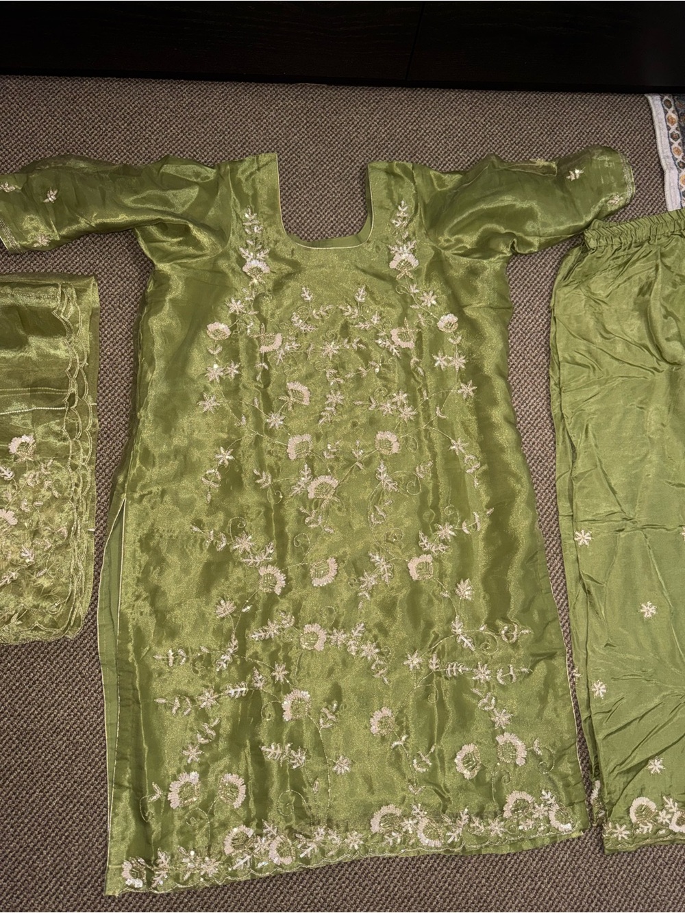 Embroidered Olive Green Kameez and Pajama Set